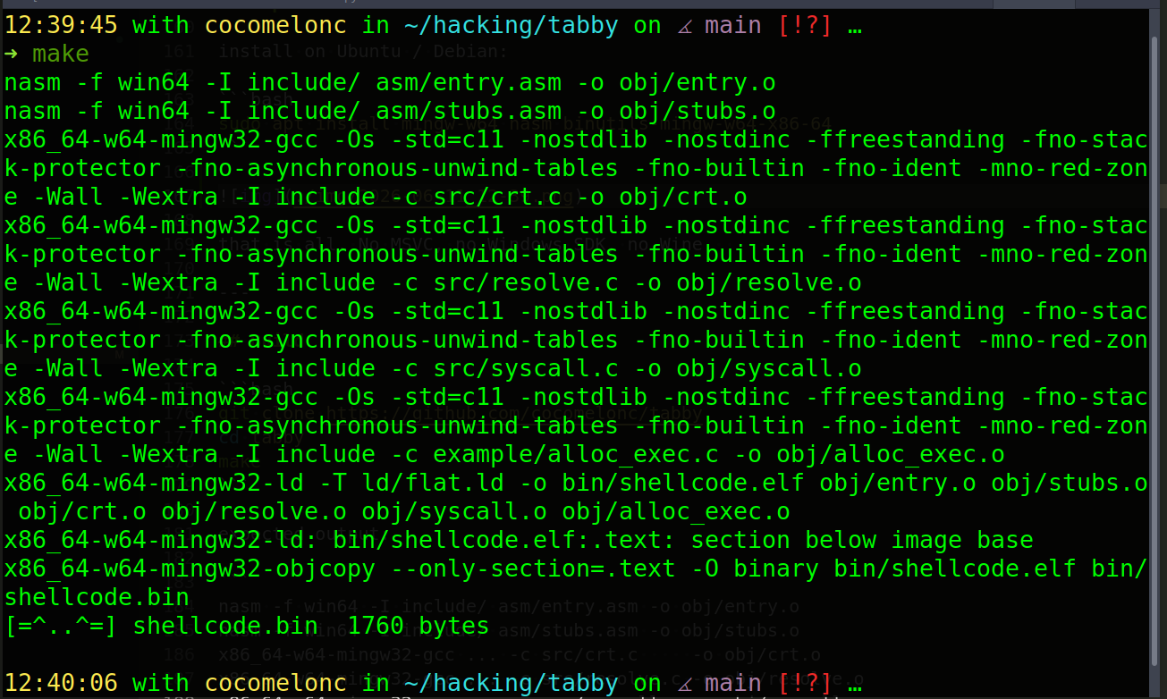 tabby build output showing shellcode.bin at 1760 bytes