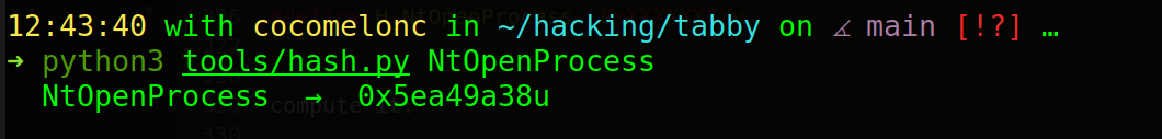 tools/hash.py output for adding a new NT syscall stub