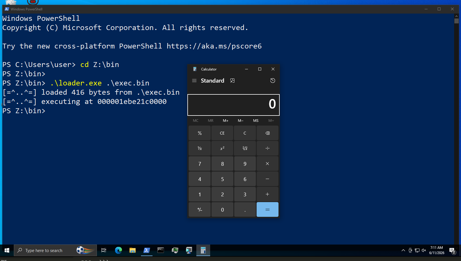 Running loader.exe exec.bin to pop calc.exe via WinExec