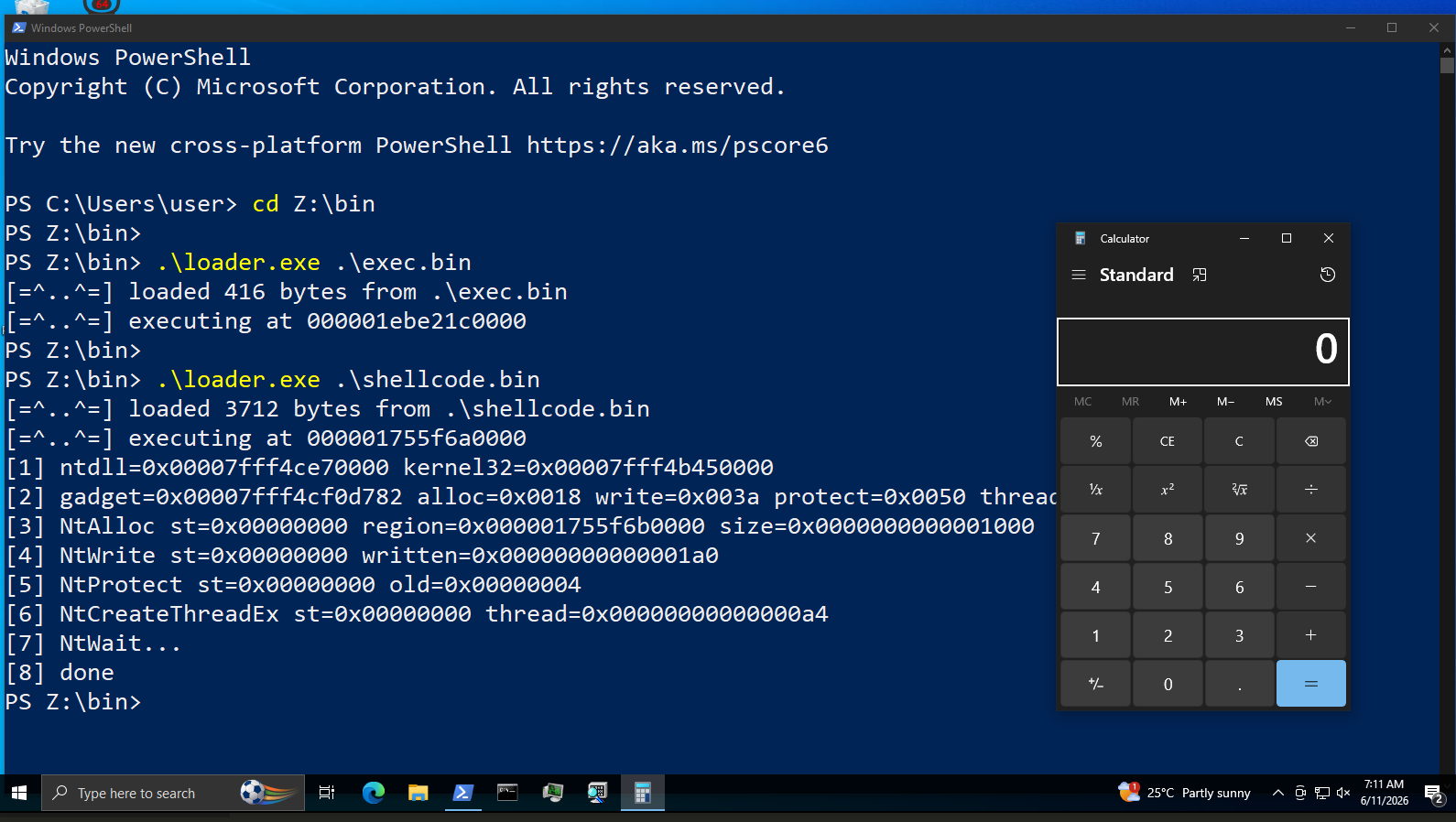 Running loader.exe shellcode.bin on Windows to pop calc.exe