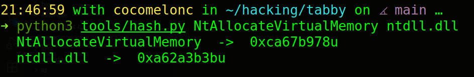 FNV-1a hash output for NtAllocateVirtualMemory and ntdll.dll