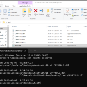 Successful MessageBoxA popup launched by the proxy CRYPTDLG.dll when wab.exe loads it