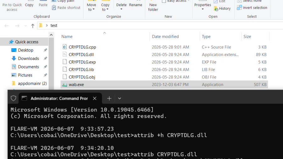 Successful MessageBoxA popup launched by the proxy CRYPTDLG.dll when wab.exe loads it