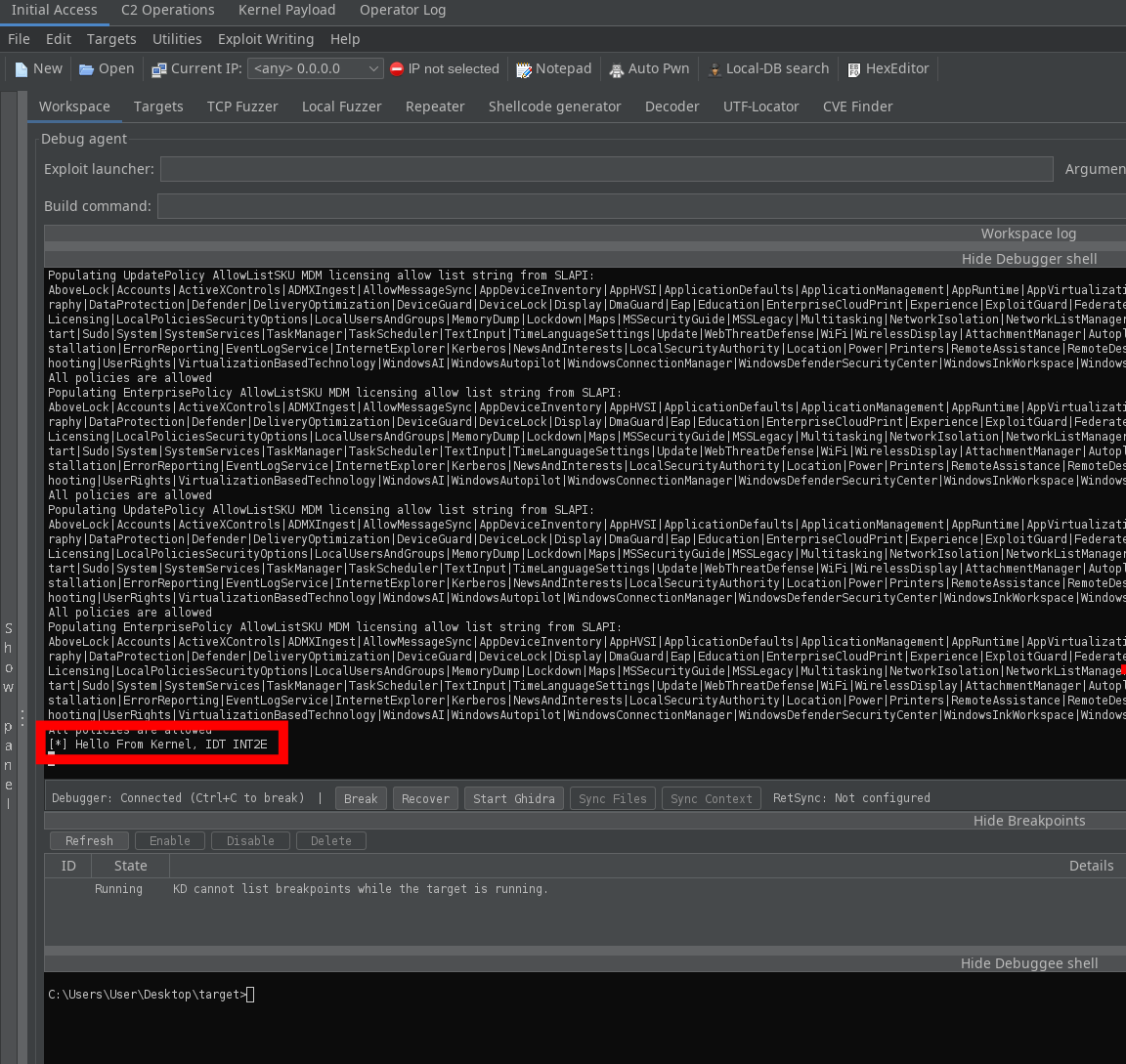 Kernel debugger showing DbgPrint and DbgPrintEx output while attached to the target kernel with the EP3 tool