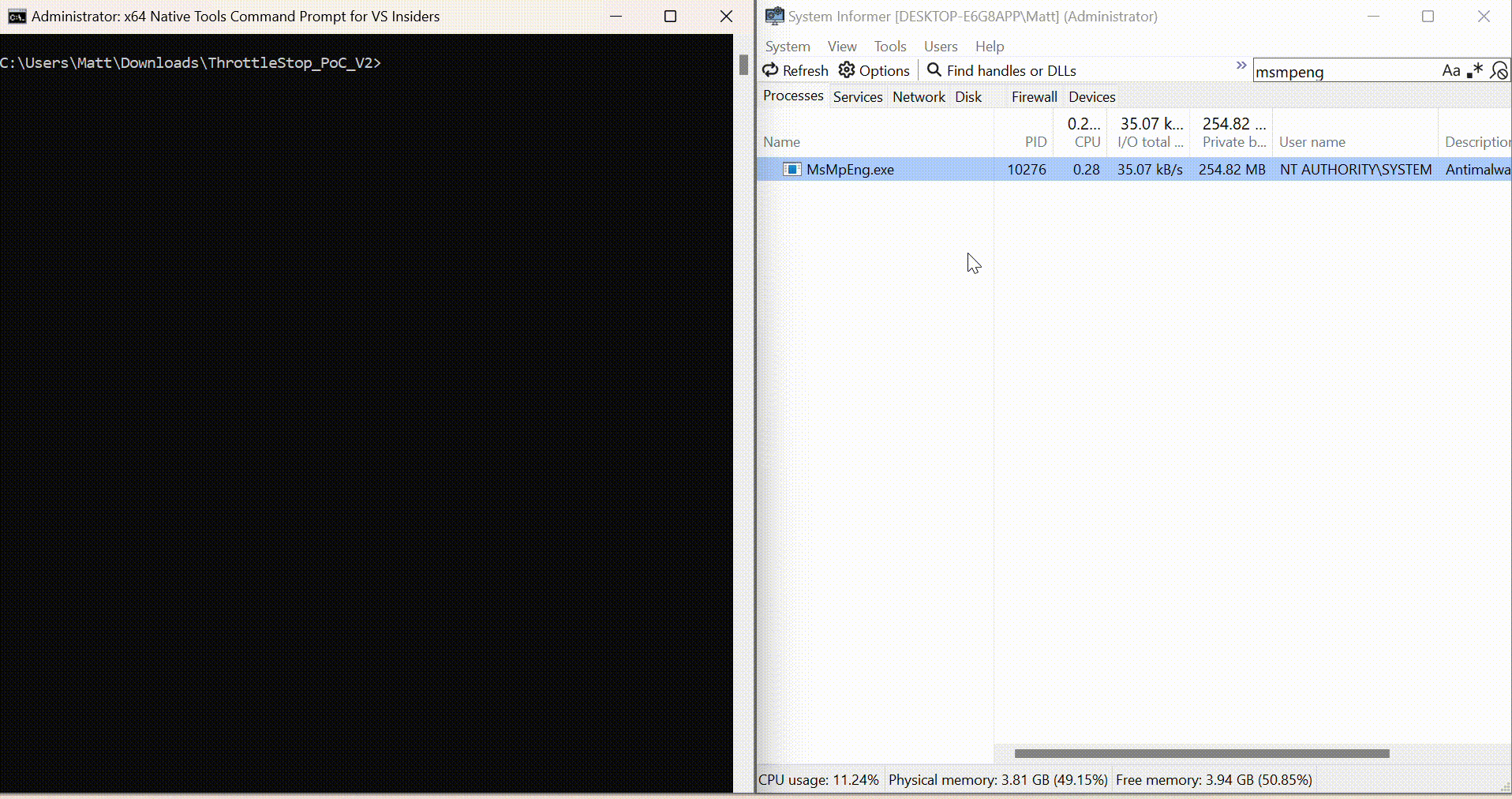 Animated demo of the BYOVD exploit terminating MsMpEng.exe (Microsoft Defender) from kernel mode