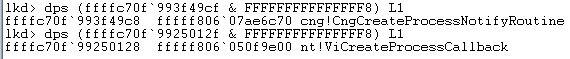 WinDbg output listing the actual EX_CALLBACK_ROUTINE_BLOCK addresses recovered from the masked callback array