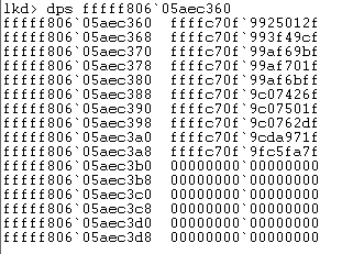 WinDbg memory dump showing the PspCreateProcessNotifyRoutine callback array entries