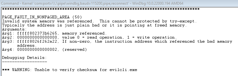 WinDbg debug output showing the Page Fault in Non-Paged Area BSOD