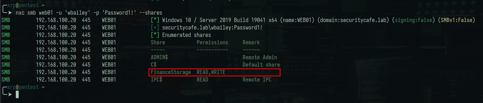 NetExec smb command listing FinanceStorage share with READ,WRITE permissions