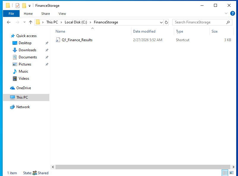 Windows File Explorer showing the Q1_Finance_Results.lnk on the FinanceStorage share