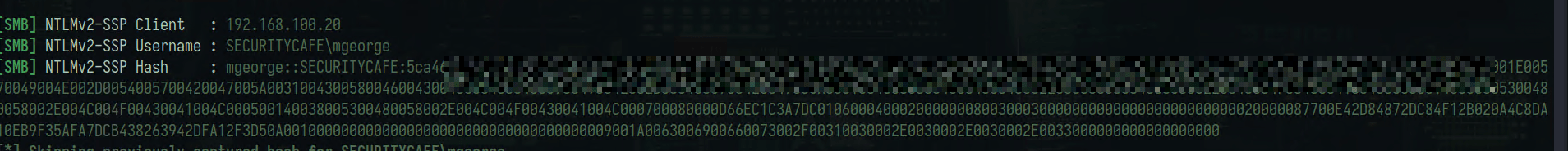Responder console output showing a captured Net-NTLMv2 hash from the victim