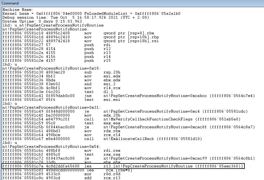 WinDbg disassembly of nt!PspSetCreateProcessNotifyRoutine showing the LEA r13 instructions used to find the callback array