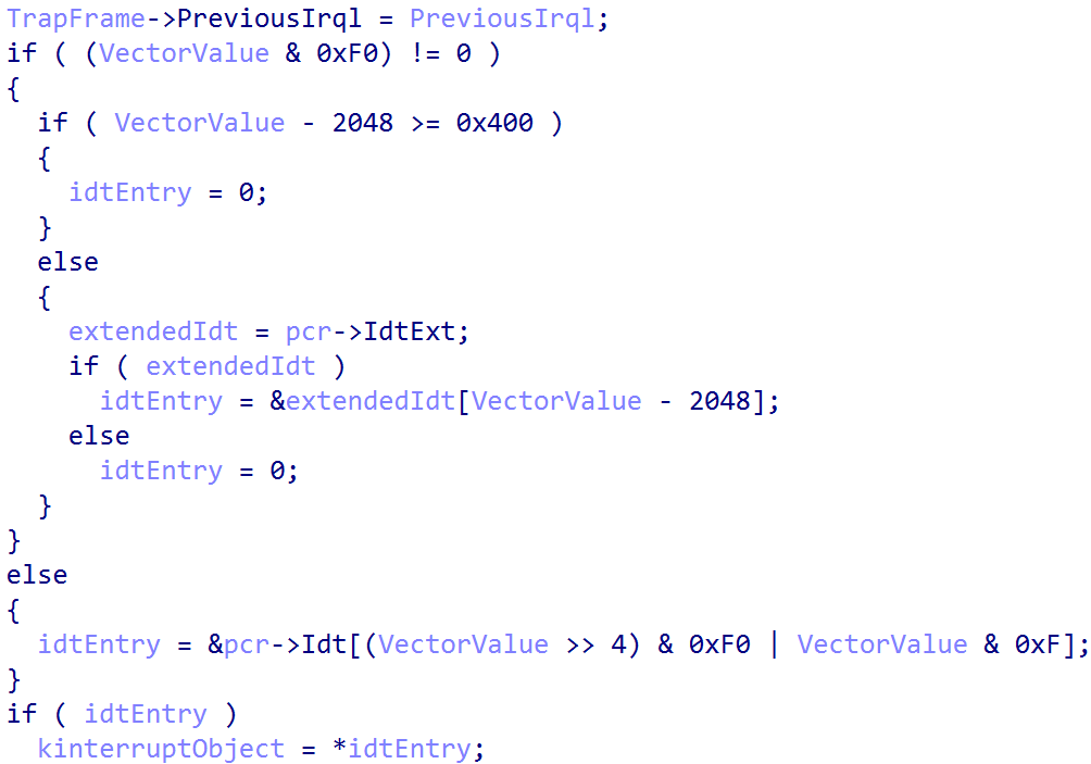 Vector-based IDT indexing for KINTERRUPT