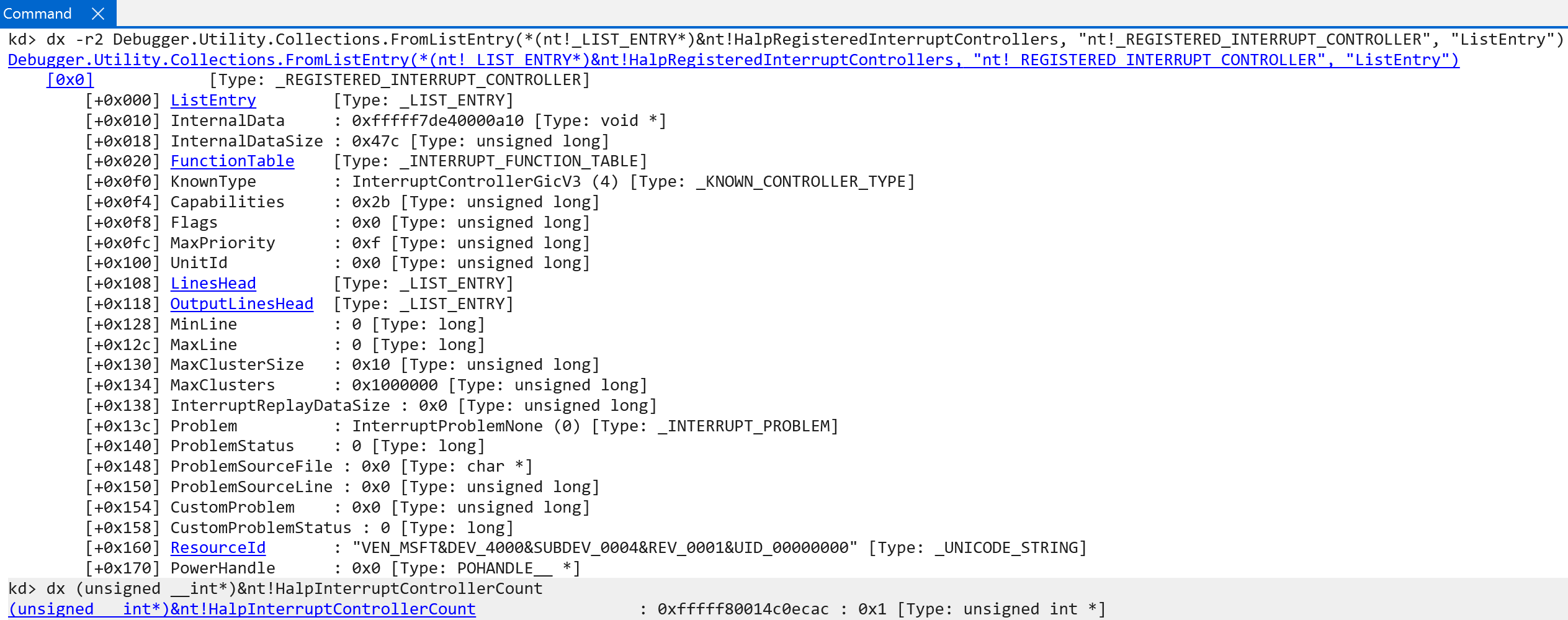 Registered interrupt controller linked list