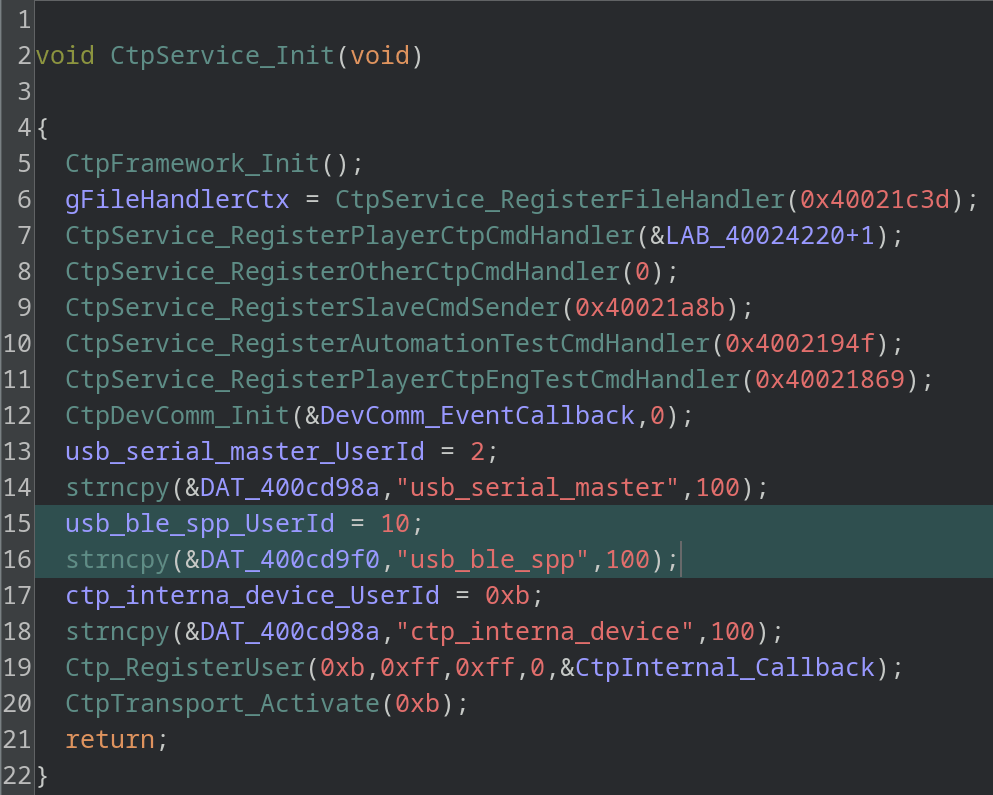 Ghidra decompiler output for the CtpService_Init function inside Katana V2X firmware