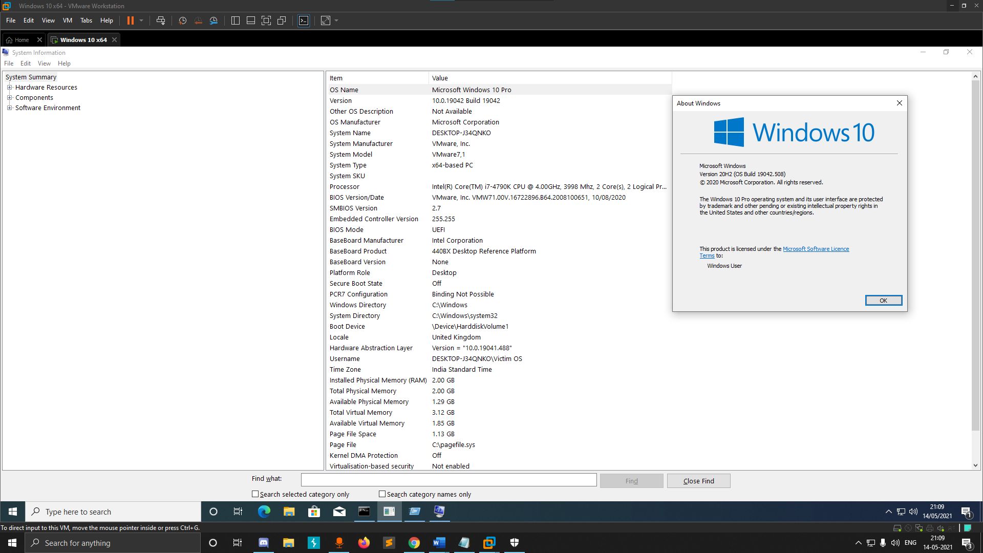 Windows 10 Pro Version 20H2 OS Build 19042.508 winver System Information dialog