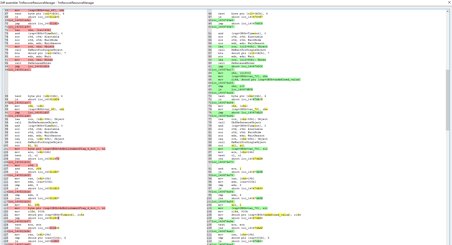 Diaphora side-by-side assembly diff of TmRecoverResourceManager() showing the changes Microsoft introduced when patching CVE-2018-8611 on Windows 7