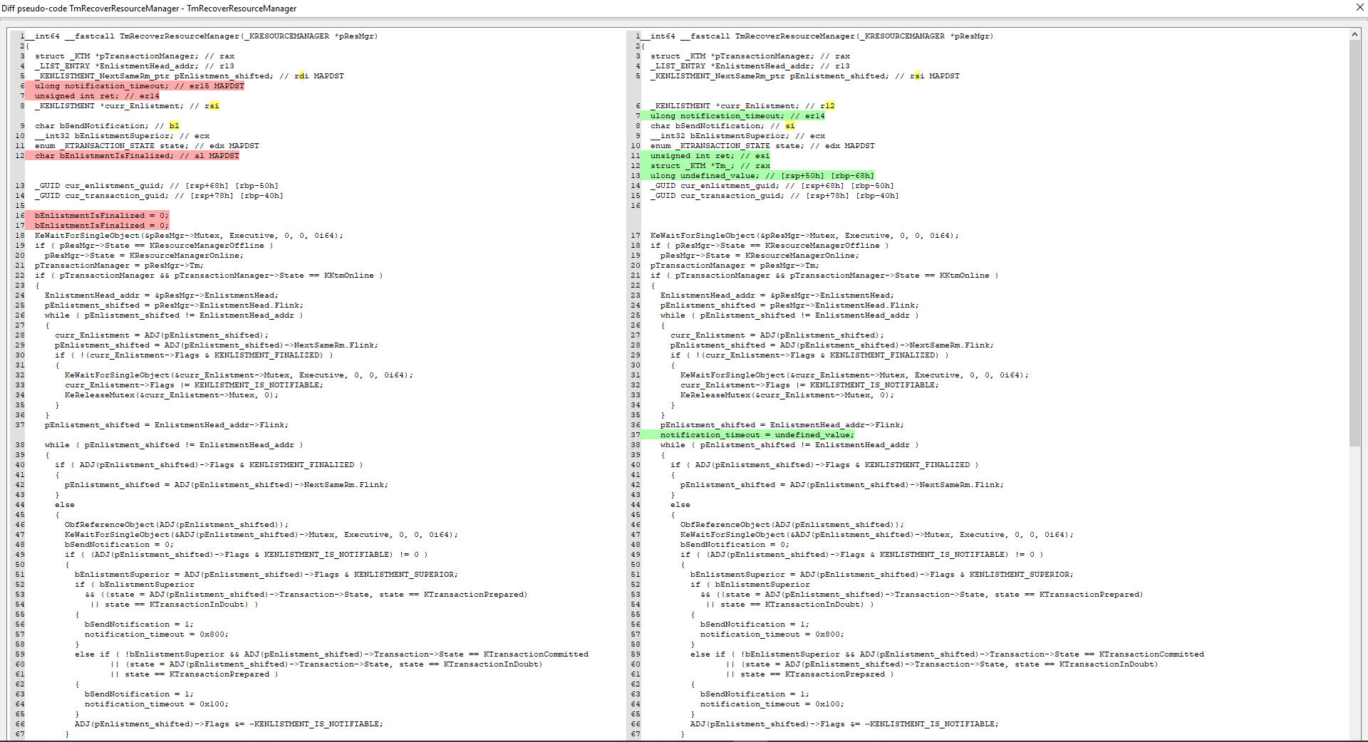 Cleaned-up Hex-Rays decompiler diff of TmRecoverResourceManager() with named structures and variables, page 1