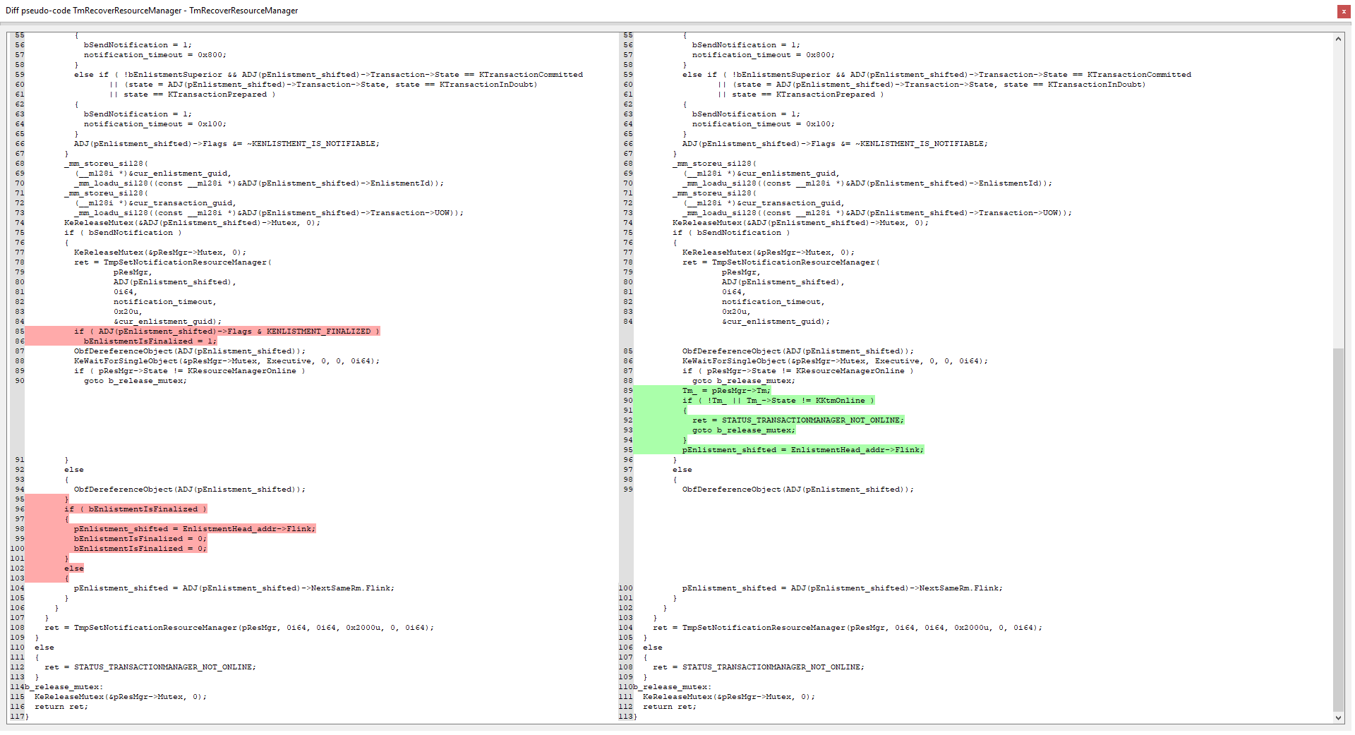 Cleaned-up Hex-Rays decompiler diff of TmRecoverResourceManager() with named structures and variables, page 2