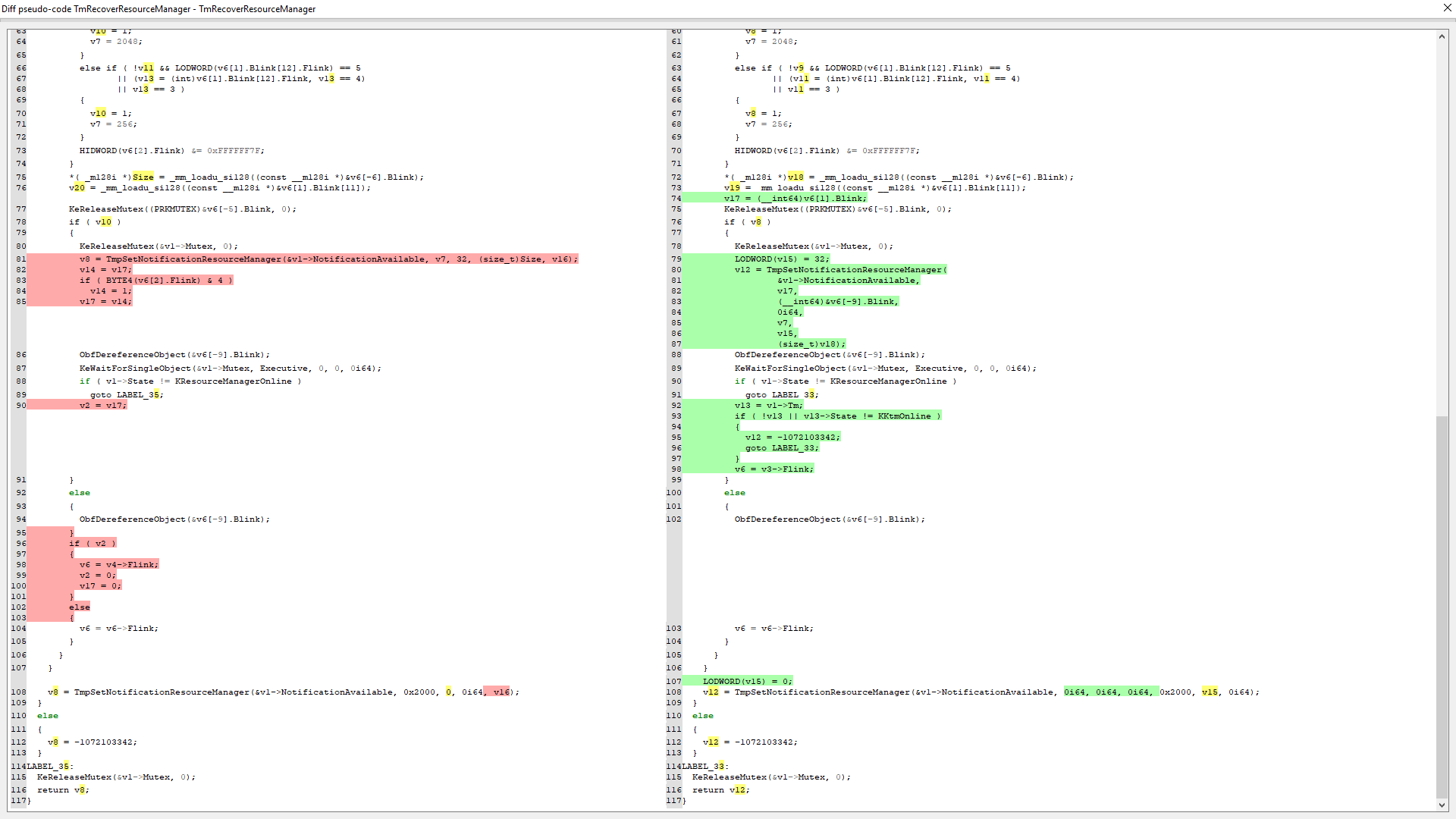 Uncleaned Hex-Rays decompiler diff of the vulnerable vs patched TmRecoverResourceManager() on Windows 7, page 2