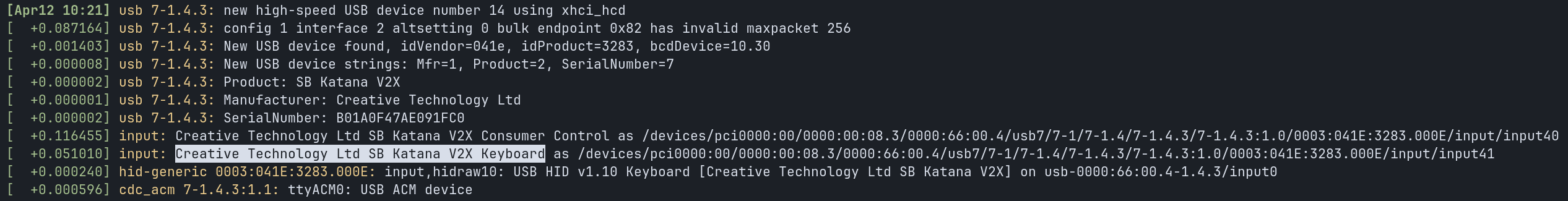 Linux dmesg output showing the patched Katana V2X now enumerating as a USB HID keyboard