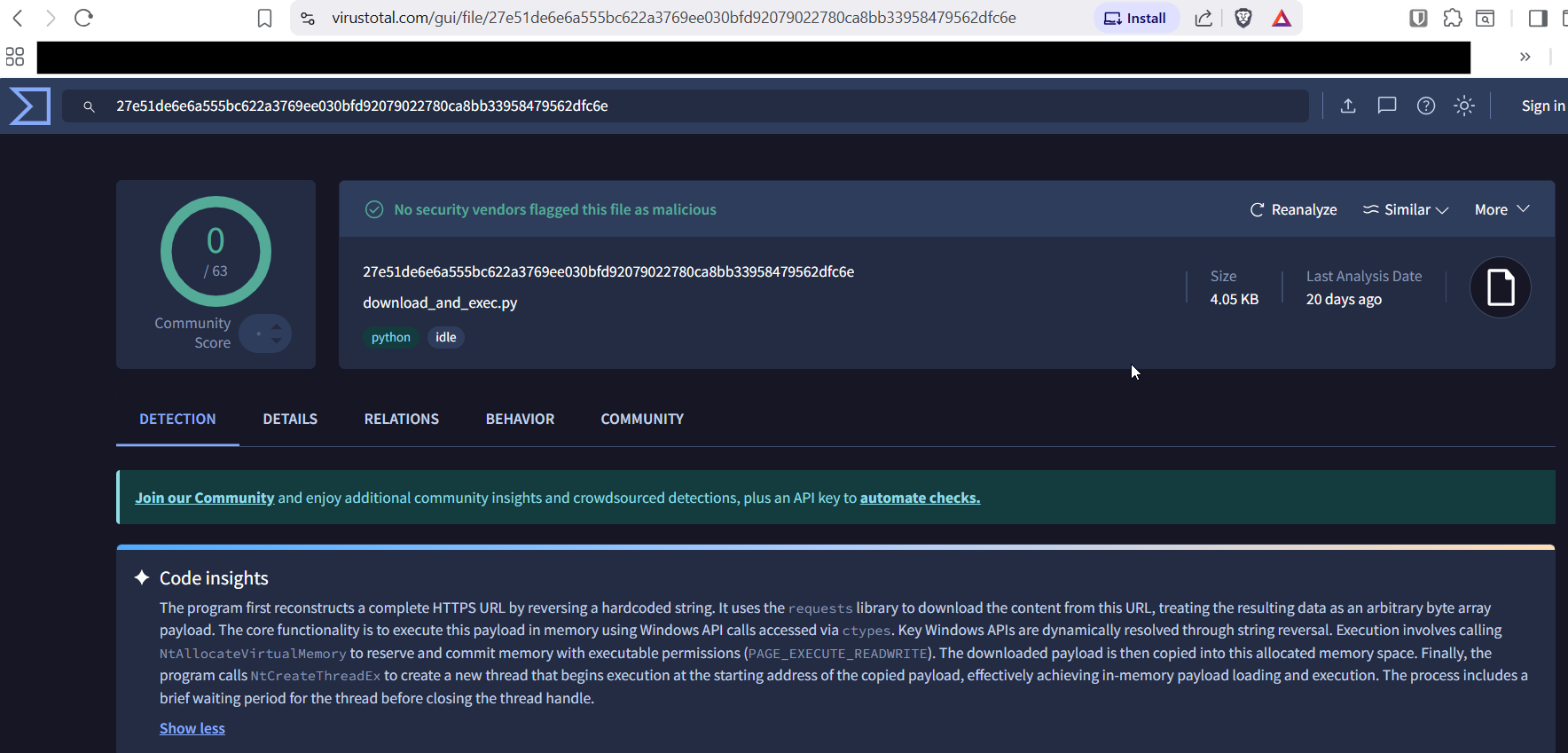 VirusTotal scan results for Variant 1 showing zero detections out of sixty-three engines