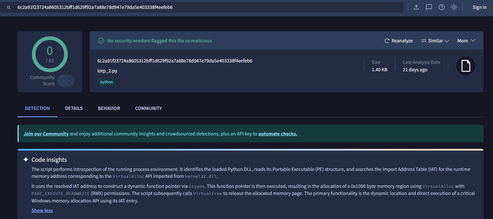 VirusTotal scan results for Variant 2 showing zero detections out of sixty-three engines