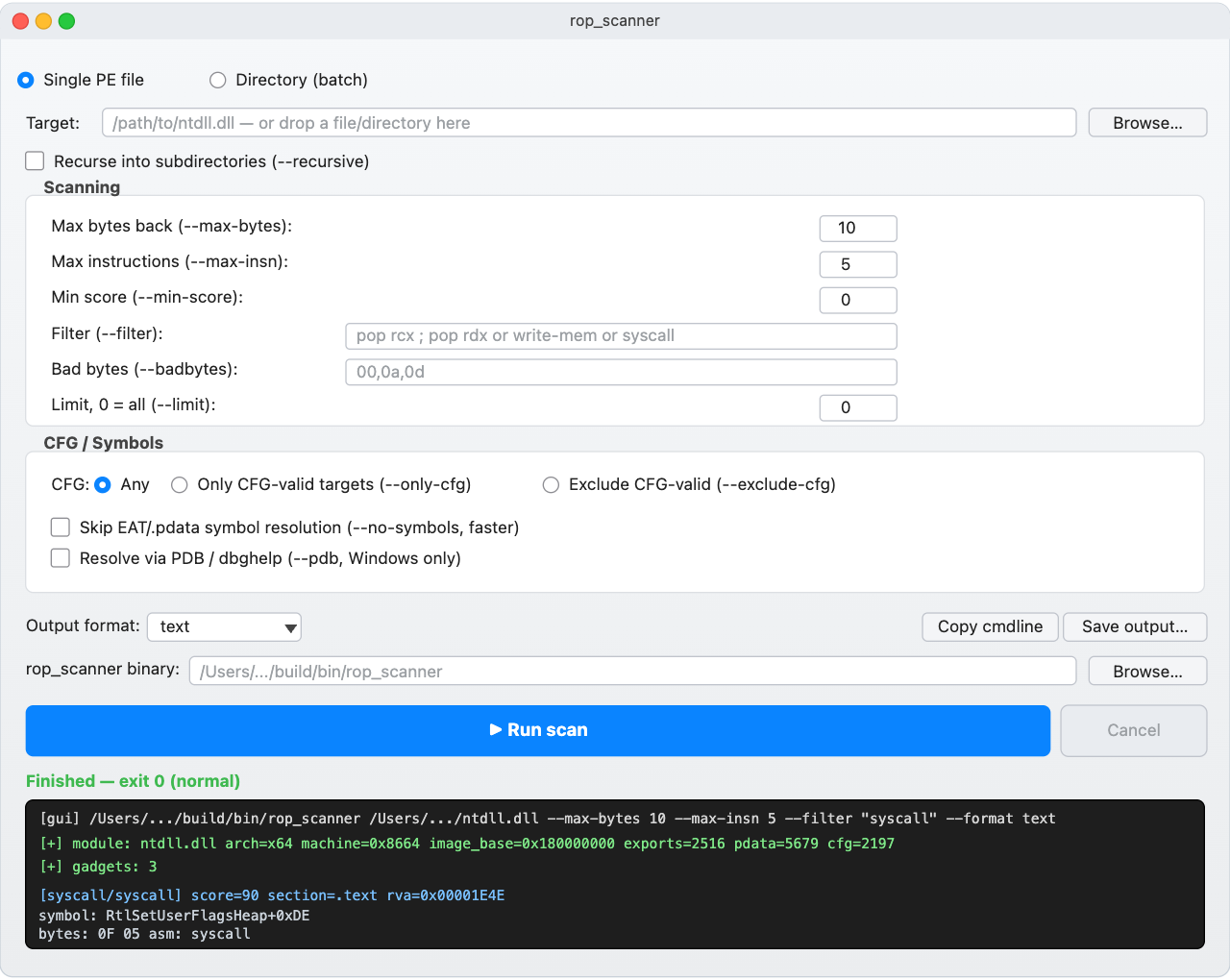 rop_scanner Qt6 GUI: target selector, scanning options, CFG and symbols group, output format dropdown, run button, and a streaming dark console showing the scanner output