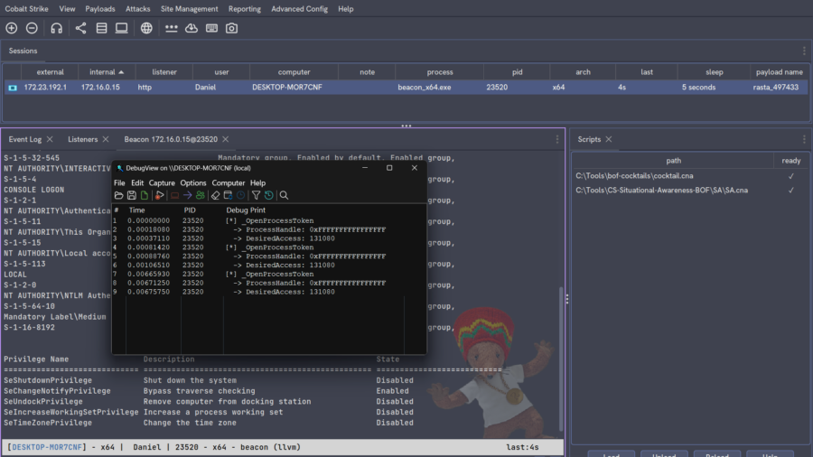 Cobalt Strike Beacon console showing dprintf output from the BOF Cocktails OpenProcessToken hook
