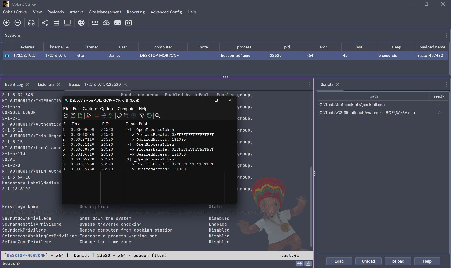 Cobalt Strike Beacon console showing dprintf output from the BOF Cocktails OpenProcessToken hook
