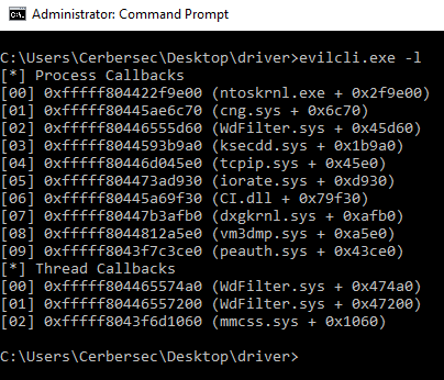 WinDbg session listing the contents of the PspCreateProcessNotifyRoutine callback array with module names