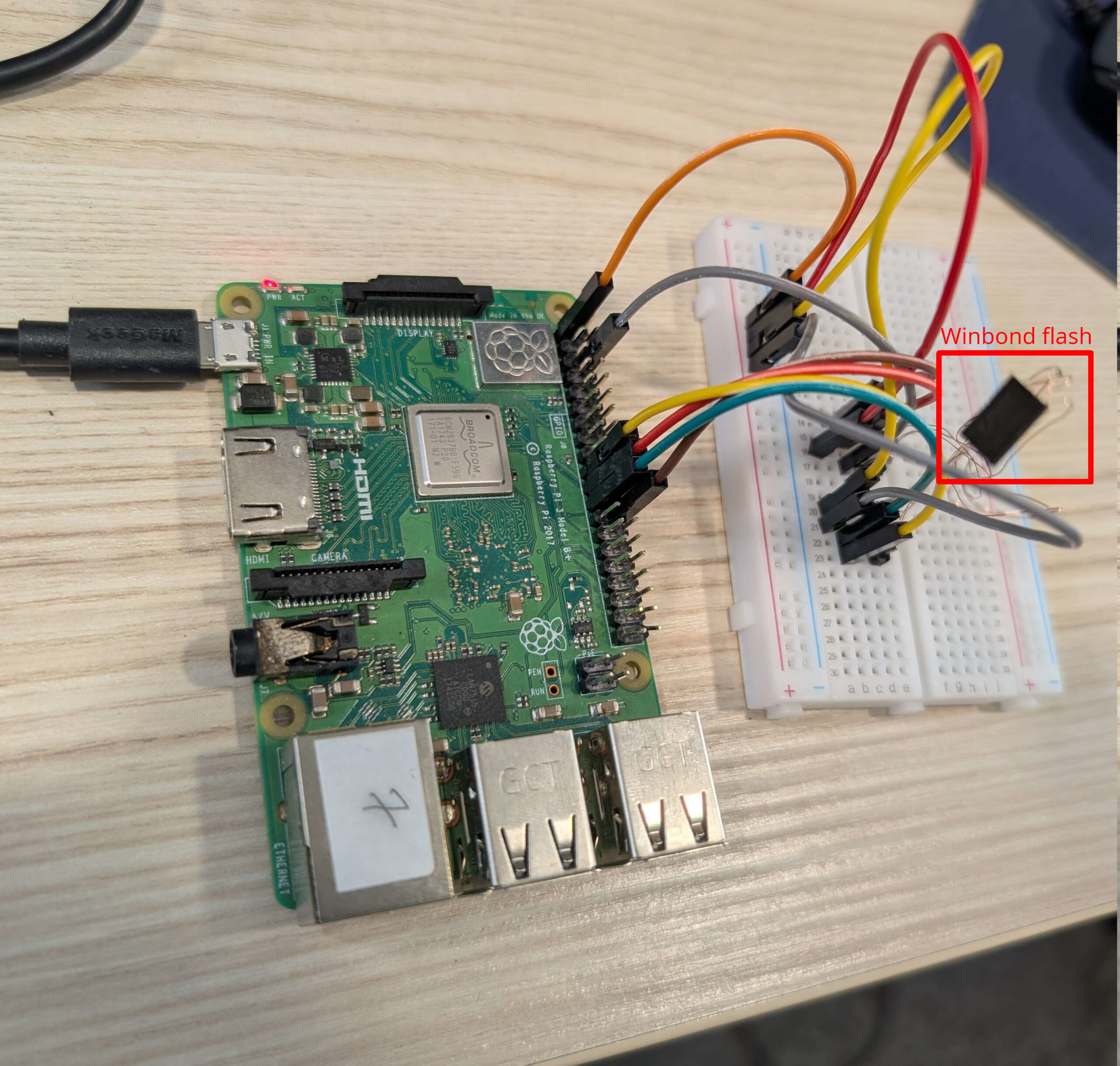 Physical setup showing Raspberry Pi connected to Winbond flash chip via breadboard and Dupont cables