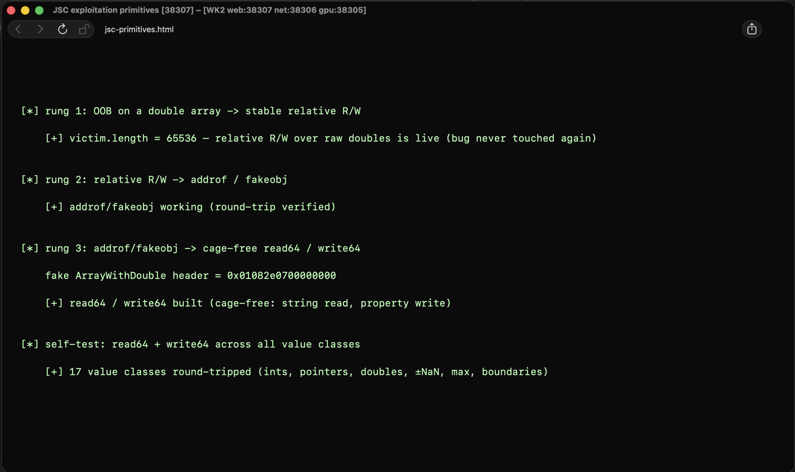 JSC exploitation primitives running in a WebKit content process via MiniBrowser - rungs 1 through 3 and the full read64/write64 self-test passing