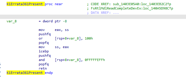 Disassembly of KiErrata361Present from ntoskrnl, an ICEBP/privileged-software-exception based check