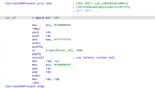 Disassembly of KiErrata704Present from ntoskrnl showing FMASK MSR save and SYSCALL single-step check