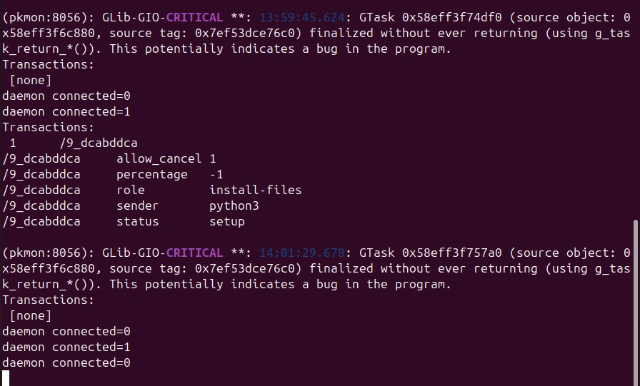 pkmon terminal output displaying live PackageKit transactions and errors