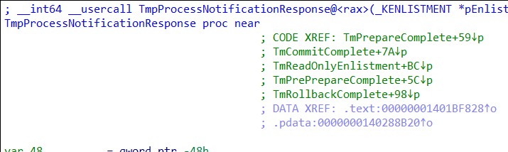 IDA Pro cross-reference graph of callers of TmpProcessNotificationResponse() and TmpFinalizeEnlistment() inside the Windows KTM